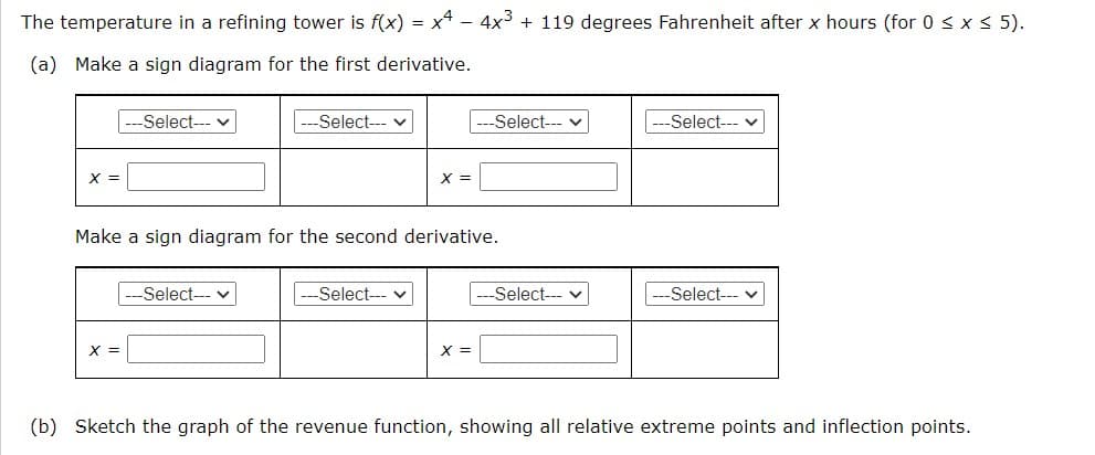 The temperature in a refining tower is f(x) = x4 – 4x3 + 119 degrees Fahrenheit after x hours (for 0 < x < 5).
(a) Make a sign diagram for the first derivative.
Select--- v
-Select--- v
Select-
--Select-
X =
Make a sign diagram for the second derivative.
-Select--- v
Select--- v
Select-- v
Select---
X =
(b) Sketch the graph of the revenue function, showing all relative extreme points and inflection points.
