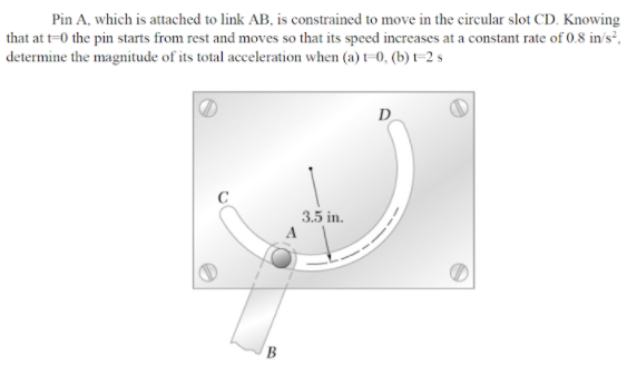 Pin A, which is attached to link AB, is constrained to move in the circular slot CD. Knowing
that at t=0 the pin starts from rest and moves so that its speed increases at a constant rate of 0.8 in's²,
determine the magnitude of its total acceleration when (a) t=0, (b)-2 s
D
C
3.5 in.
