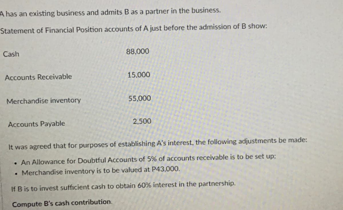 A has an existing business and admits B as a partner in the business.
Statement of Financial Position accounts of A just before the admission of B show:
Cash
Accounts Receivable
Merchandise inventory
Accounts Payable
88,000
15,000
55,000
2,500
It was agreed that for purposes of establishing A's interest, the following adjustments be made:
. An Allowance for Doubtful Accounts of 5% of accounts receivable is to be set up;
. Merchandise inventory is to be valued at P43,000.
If B is to invest sufficient cash to obtain 60% interest in the partnership.
Compute B's cash contribution.