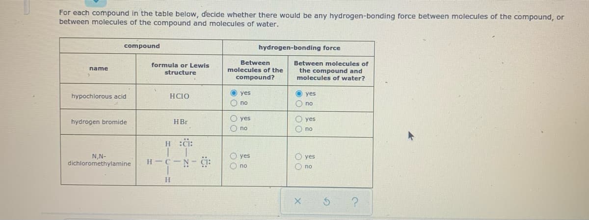 For each compound in the table below, decide whether there would be any hydrogen-bonding force between molecules of the compound, or
between molecules of the compound and molecules of water.
compound
hydrogen-bonding force
Between
Between molecules of
formula or Lewis
structure
name
molecules of the
the compound and
molecules of water?
compound?
hypochlorous acid
HCIO
O yes
O yes
O no
O no
O yes
O yes
hydrogen bromide
HBr
O no
O no
H :i:
N,N-
dichloromethylamine
O yes
O no
O yes
H C N- CI:
O no
