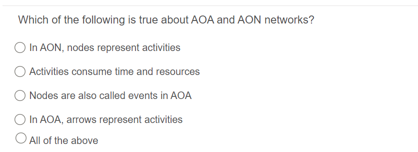 Which of the following is true about AOA and AON networks?
In AON, nodes represent activities
Activities consume time and resources
Nodes are also called events in AOA
In AOA, arrows represent activities
O All of the above
