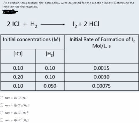 At a certain temperature, the data below were collected for the reaction below. Determine the
rate law for the reaction.
2 ICI + H2
2+2 HCI
Initial Rate of Formation of l
Mol/L. s
Initial concentrations (M)
[ICI)
[H2]
0.10
0.10
0.0015
0.20
0.10
0.0030
0.10
0.050
0.00075
O rate-k[ICI][H;]
rate - ALICla[H:P
O rate - ALICIJIH:
rate = k[ICI (H;1
