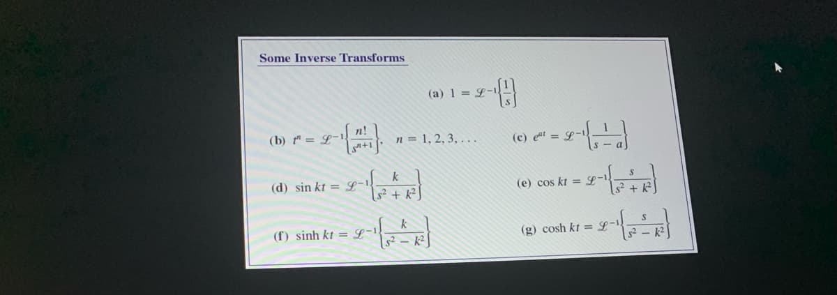 Some Inverse Transforms
(b) = -1.
n!
(d) sin kt = L
+1
k
s²+k²
(f) sinh kt = 9-1
n = 1, 2, 3, ...
(a) 1 = L-1
k
S² k²
(c) et = -1.
(e) cos kt = L-1
(g) cosh kt = L-1