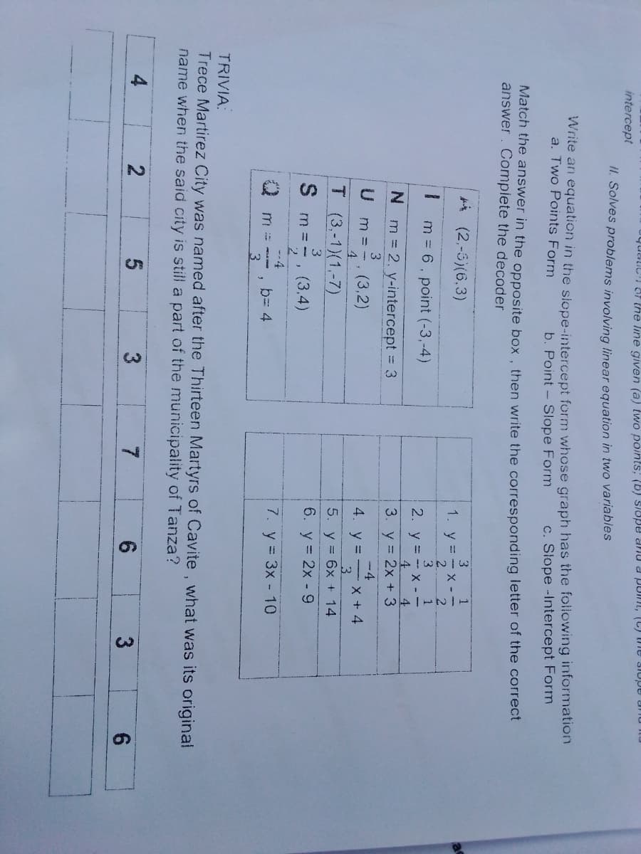 quaticl o7 the line given (a) two points; (b) siope anu a polnIL, (C) the SIupe and
intercept
II. Solves problems involving linear equation in two variables
Write an equation in the slope-intercept form whose graph has the following information
b. Point- Slope Form
a. Two Points Form
c. Slope -Intercept Form
Match the answer in the opposite box, then write the corresponding letter of the correct
answer. Compiete the decoder
A (2,-5)(6,3)
3.
1. y=-X - -
2.
3.
2. y = -- x --
4 4
m = 6. point (-3,-4)
N m = 2, y-intercept = 3
3. y = 2x + 3
-4
U m =
(3,2)
4. y = -X + 4
3.
T (3,-1)(1,-7)
5. y = 6x + 14
3
m = -, (3,4)
6. y = 2x - 9
---4
7. y = 3x - 10
b= 4
3
TRIVIA:
Trece Martirez City was named after the Thirteen Martyrs of Cavite , what was its original
name when the said city is still a part of the municipality of Tanza?
3
6.
6.
