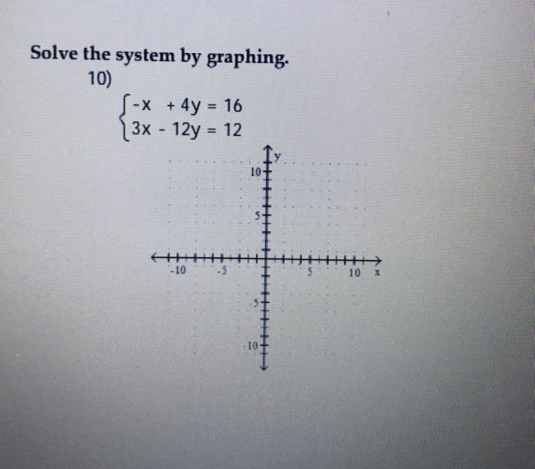 Solve the system by graphing.
10)
S-x + 4y = 16
3x 12y 12
%D
10
5-
-10
-5
10
