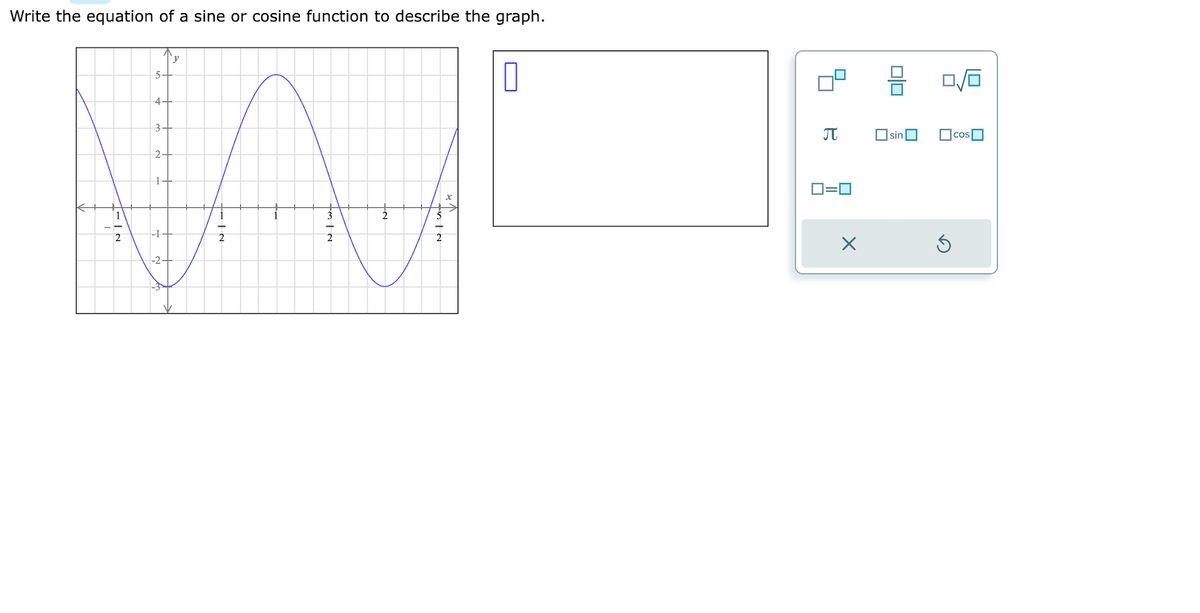 Write the equation of a sine or cosine function to describe the graph.
5
Ni-t
4+
3
2.
VAJ
-1
y
-2-
-IN
N|W₂
IN
□
B
0=0
X
00
sin
0/0
cos