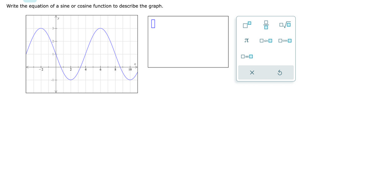 Write the equation of a sine or cosine function to describe the graph.
GA
4
6
-1
to
L+
8
10
0
B
ロ=ロ
X
00
sin
0/6
cos