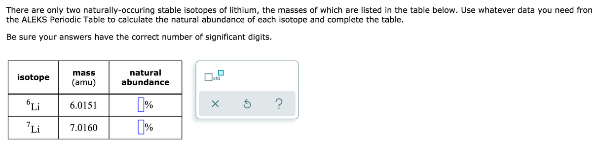 There are only two naturally-occuring stable isotopes of lithium, the masses of which are listed in the table below. Use whatever data you need from
the ALEKS Periodic Table to calculate the natural abundance of each isotope and complete the table.
Be sure your answers have the correct number of significant digits.
mass
natural
х10
isotope
(amu)
abundance
Li
6.0151
1Li
%
7.0160

