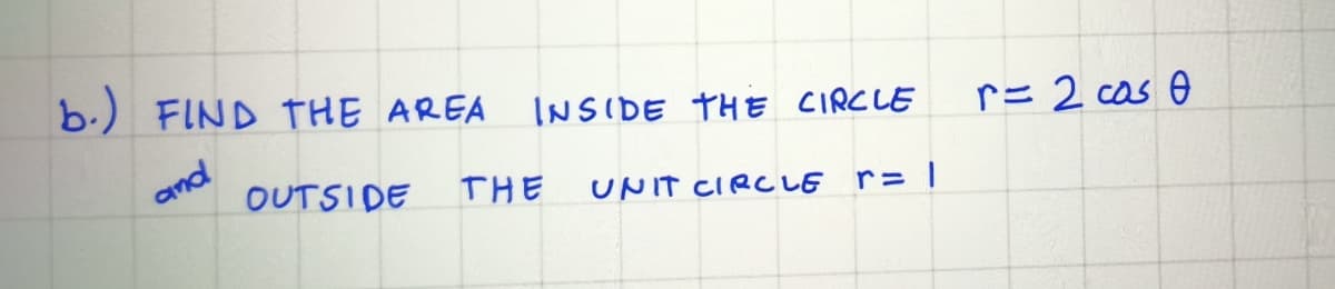 b.) FIND THE AREA
INSIDE THE CIRCLE
r= 2 cas e
and
OUTSIDE
THE
UpT CIRCし6
r= 1
