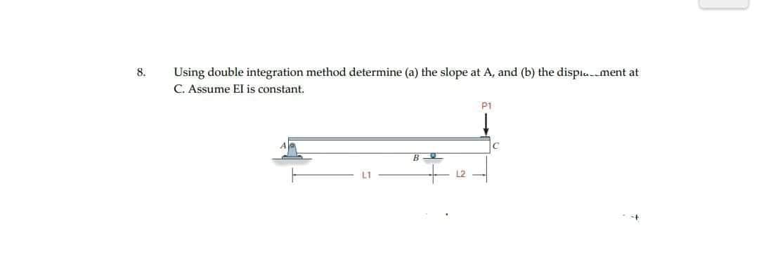 Using double integration method determine (a) the slope at A, and (b) the dispia ment at
C. Assume EI is constant.
8.
P1
B
L1
12
