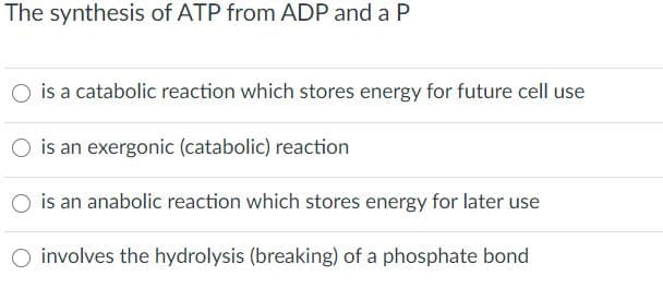 The synthesis of ATP from ADP and a P
is a catabolic reaction which stores energy for future cell use
O is an exergonic (catabolic) reaction
is an anabolic reaction which stores energy for later use
O involves the hydrolysis (breaking) of a phosphate bond
