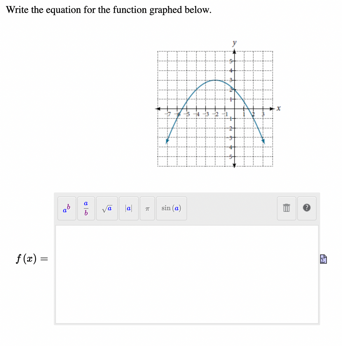 Write the equation for the function graphed below.
*5 4 3 -2
a
ab
b
|a|
sin (a)
f (x) :
