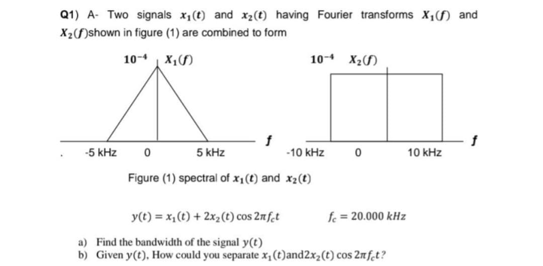Q1) A- Two signals x₁(t) and x₂(t) having Fourier transforms X₁(f) and
X₂(f)shown in figure (1) are combined to form
10-4 X₁(f)
10-4 X₂(f)
XI
f
-5 kHz
0
5 kHz
-10 kHz
0
10 kHz
Figure (1) spectral of x₁ (t) and x₂ (t)
y(t) = x₁(t) + 2x₂ (t) cos 2nfet
fe= 20.000 kHz
a)
Find the bandwidth of the signal y(t)
b) Given y(t), How could you separate x₁ (t)and2x₂ (t) cos 2nfct?