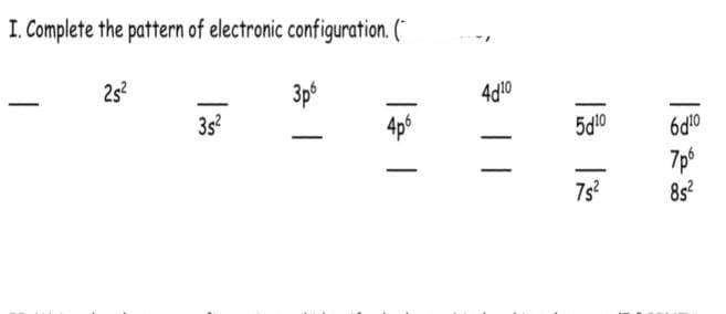 I. Complete the pattern of electronic configuration. (*
25?
3ps
3s2
4d10
4p6
5d10
6d10
7ps
852
7s?
