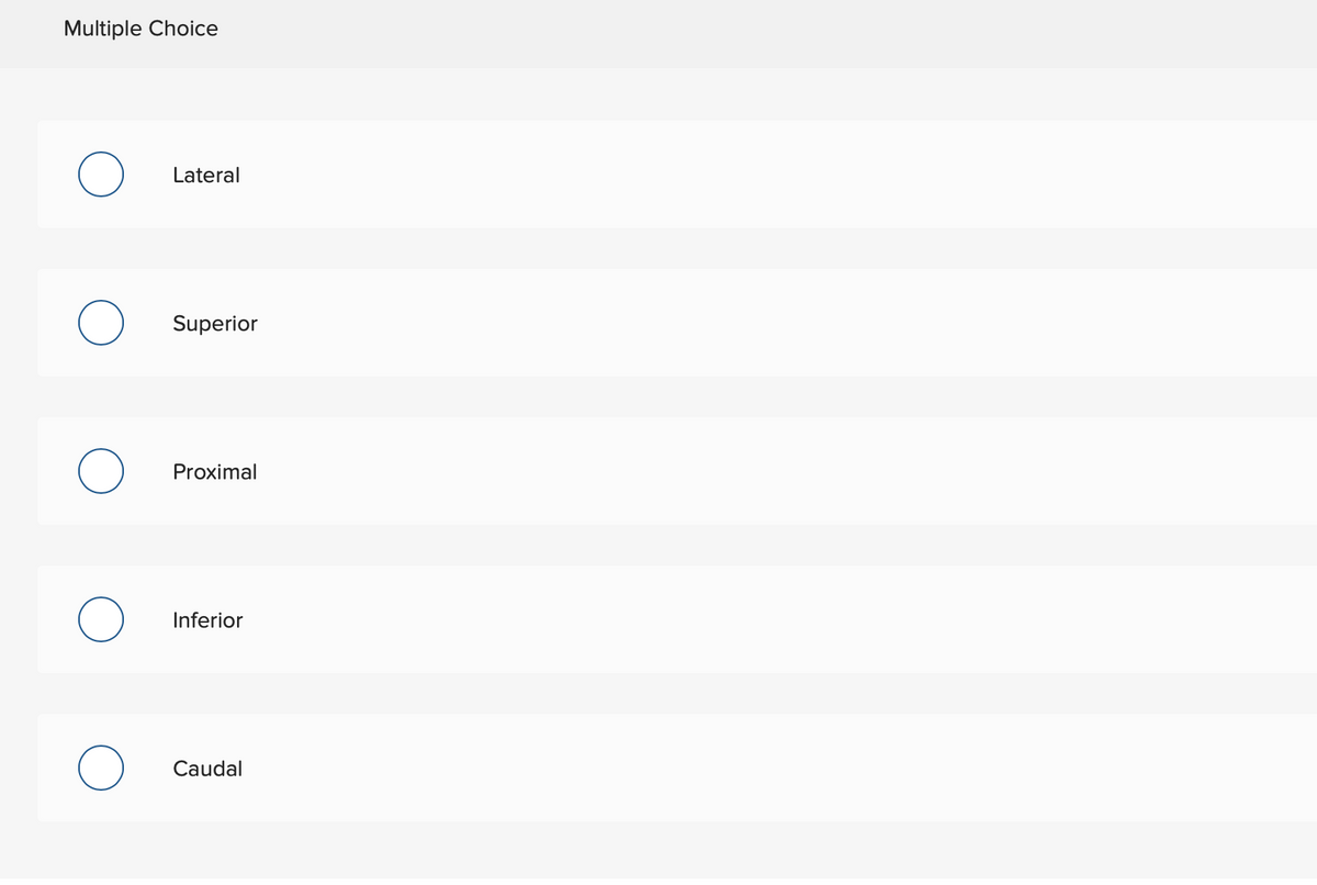 Multiple Choice
Lateral
Superior
Proximal
Inferior
Caudal
