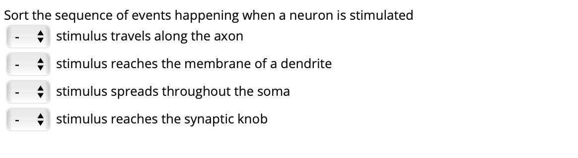 Sort the sequence of events happening when a neuron is stimulated
stimulus travels along the axon
stimulus reaches the membrane of a dendrite
stimulus spreads throughout the soma
stimulus reaches the synaptic knob
