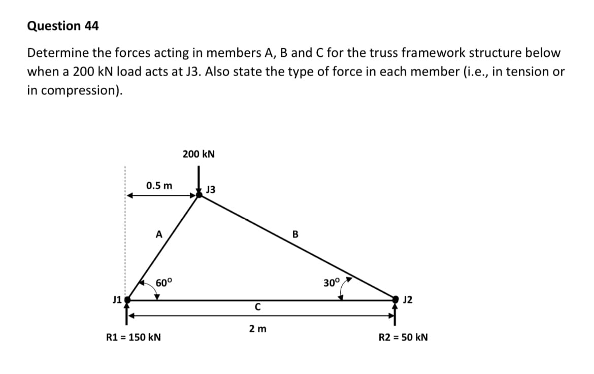 Question 44
Determine the forces acting in members A, B and C for the truss framework structure below
when a 200 kN load acts at J3. Also state the type of force in each member (i.e., in tension or
in compression).
200 kN
0.5 m
J3
A
60°
30°
J1
J2
C
2 m
R1 = 150 kN
R2 = 50 kN
