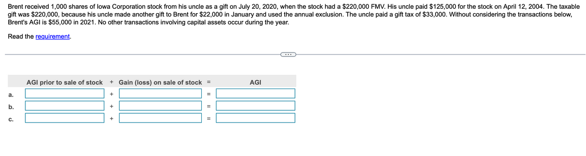 Brent received 1,000 shares of lowa Corporation stock from his uncle as a gift on July 20, 2020, when the stock had a $220,000 FMV. His uncle paid $125,000 for the stock on April 12, 2004. The taxable
gift was $220,000, because his uncle made another gift to Brent for $22,000 in January and used the annual exclusion. The uncle paid a gift tax of $33,000. Without considering the transactions below,
Brent's AGI is $55,000 in 2021. No other transactions involving capital assets occur during the year.
Read the requirement.
a.
b.
C.
AGI prior to sale of stock + Gain (loss) on sale of stock =
+
+
|| || ||
AGI