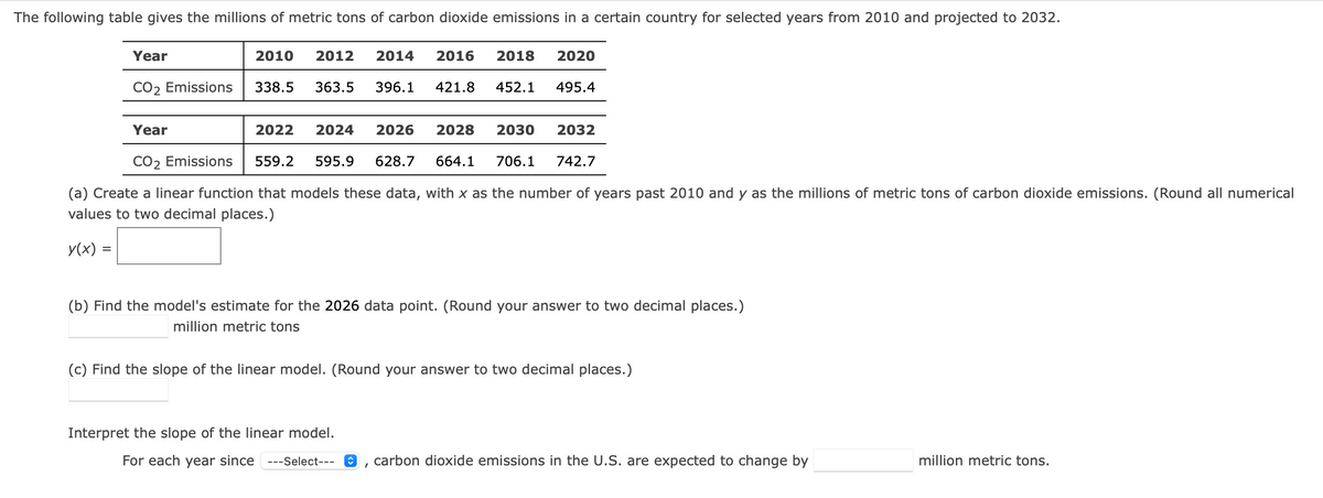 The following table gives the millions of metric tons of carbon dioxide emissions in a certain country for selected years from 2010 and projected to 2032.
Year
2010 2012 2014 2016
CO₂ Emissions 338.5 363.5 396.1 421.8
Year
2022 2024 2026 2028
2030 2032
CO2 Emissions 559.2 595.9 628.7 664.1 706.1 742.7
(a) Create a linear function that models these data, with x as the number of years past 2010 and y as the millions of metric tons of carbon dioxide emissions. (Round all numerical
values to two decimal places.)
y(x) =
2018 2020
(b) Find the model's estimate for the 2026 data point. (Round your answer to two decimal places.)
million metric tons
Interpret the slope of the linear model.
For each year since ---Select---
452.1 495.4
(c) Find the slope of the linear model. (Round your answer to two decimal places.)
↑
I
carbon dioxide emissions in the U.S. are expected to change by
million metric tons.