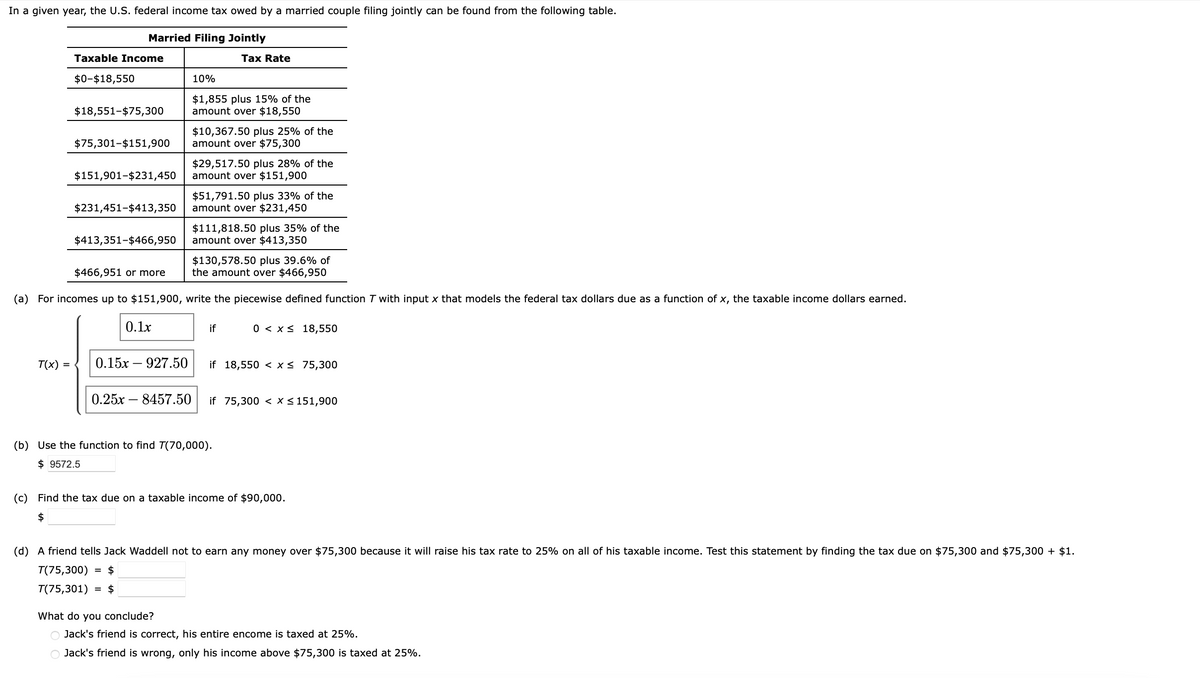 In a given year, the U.S. federal income tax owed by a married couple filing jointly can be found from the following table.
Married Filing Jointly
Taxable Income
$0-$18,550
$18,551-$75,300
$151,901-$231,450
$75,301-$151,900 amount over $75,300
$413,351-$466,950
0.1x
10%
$1,855 plus 15% of the
amount over $18,550
T(x) = 0.15x927.50
Tax Rate
$10,367.50 plus 25% of the
$231,451-$413,350 amount over $231,450
0.25x8457.50
$29,517.50 plus 28% of the
amount over $151,900
$51,791.50 plus 33% of the
$130,578.50 plus 39.6% of
$466,951 or more
the amount over $466,950
(a) For incomes up to $151,900, write the piecewise defined function T with input x that models the federal tax dollars due as a function of x, the taxable income dollars earned.
$111,818.50 plus 35% of the
amount over $413,350
if
0 x 18,550
if 18,550 < x≤ 75,300
(b) Use the function to find T(70,000).
$9572.5
if 75,300 < x < 151,900
(c) Find the tax due on a taxable income of $90,000.
$
(d) A friend tells Jack Waddell not to earn any money over $75,300 because it will raise his tax rate to 25% on all of his taxable income. Test this statement by finding the tax due on $75,300 and $75,300 + $1.
T(75,300) = $
T(75,301) $
What do you conclude?
Jack's friend is correct, his entire encome is taxed at 25%.
O Jack's friend is wrong, only his income above $75,300 is taxed at 25%.