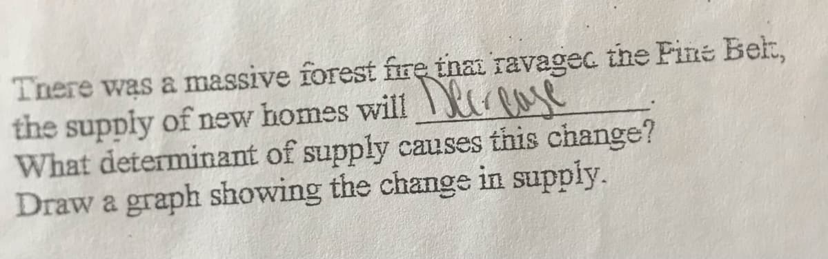 Tnere was a massive forest fire tnat ravagec the Fine Bek,
the supply of new homes will Rrease
What determinant of supply causes this change?
Draw a graph showing the change in supply.
