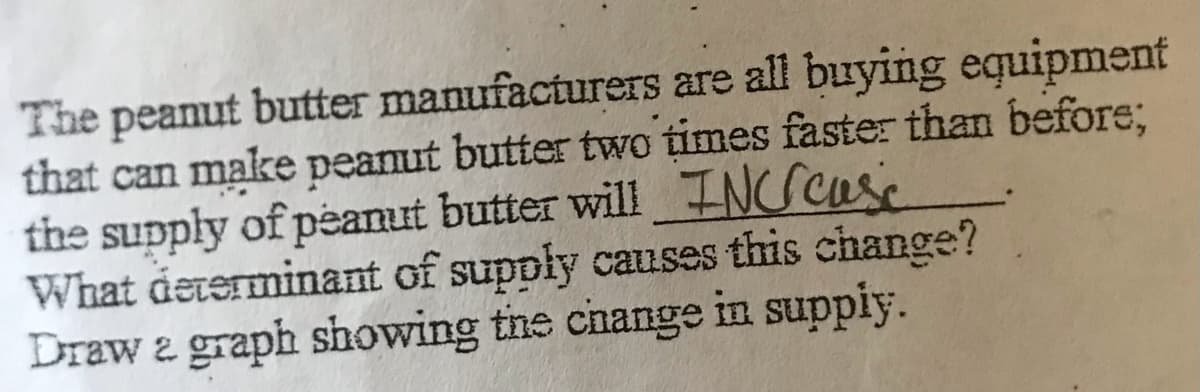 The peanut butter manufacturers are all buying equipment
that can make peanut butter two times faster than before%;
the supply of peanut butter will INCSase
What determinant of supply causes this change?
Draw a graph showing tne change in suppiy.
