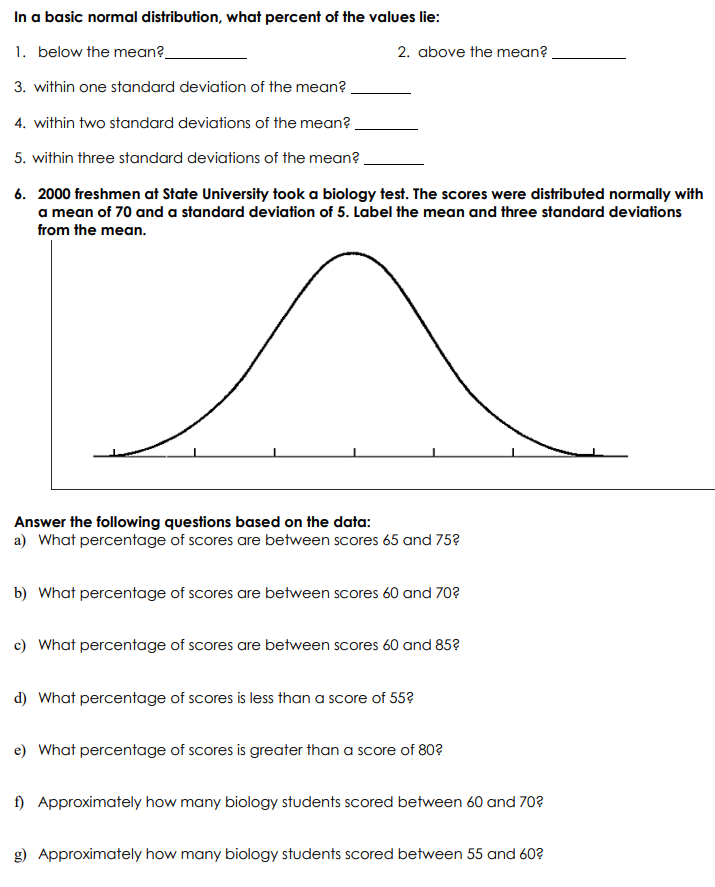 In a basic normal distribution, what percent of the values lie:
1. below the mean?
2. above the mean?
3. within one standard deviation of the mean?
4. within two standard deviations of the mean?
5. within three standard deviations of the mean?.
6. 2000 freshmen at State University took a biology test. The scores were distributed normally with
a mean of 70 and a standard deviation of 5. Label the mean and three standard deviations
from the mean.
Answer the following questions based on the data:
a) What percentage of scores are between scores 65 and 75?
b) What percentage of scores are between scores 60 and 70?
c) What percentage of scores are between scores 60 and 85?
d) What percentage of scores is less than a score of 55?
e) What percentage of scores is greater than a score of 80?
f) Approximately how many biology students scored between 60 and 70?
g) Approximately how many biology students scored between 55 and 60?
