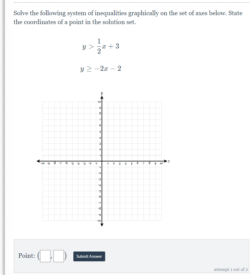 Solve the following system of inequalities graphically on the set of axes below. State
the coordinates of a point in the solution set.
1
x + 3
у > —2х — 2
10
6.
5
4
3
1.
-10 -9
-7
-5
-2
1.
3
4
10
-2
-3
-4
-5
-6
-7
-8
-9
10
Point:
Submit Answer
attempt 1 out of 2
co
in
Co
in
