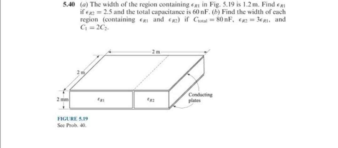 5.40 (a) The width of the region containing egI in Fig. 5.19 is 1.2 m. Find eRI
if er2 = 2.5 and the total capacitance is 60 nF. (b) Find the width of each
region (containing ERI and eR2) if Ciotal = 80 nF, ER2 = 3€RI, and
C = 2C2.
2 m
2 m
Conducting
plates
2 mm
ERI
ER2
FIGURE 5.19
See Prob. 40.
