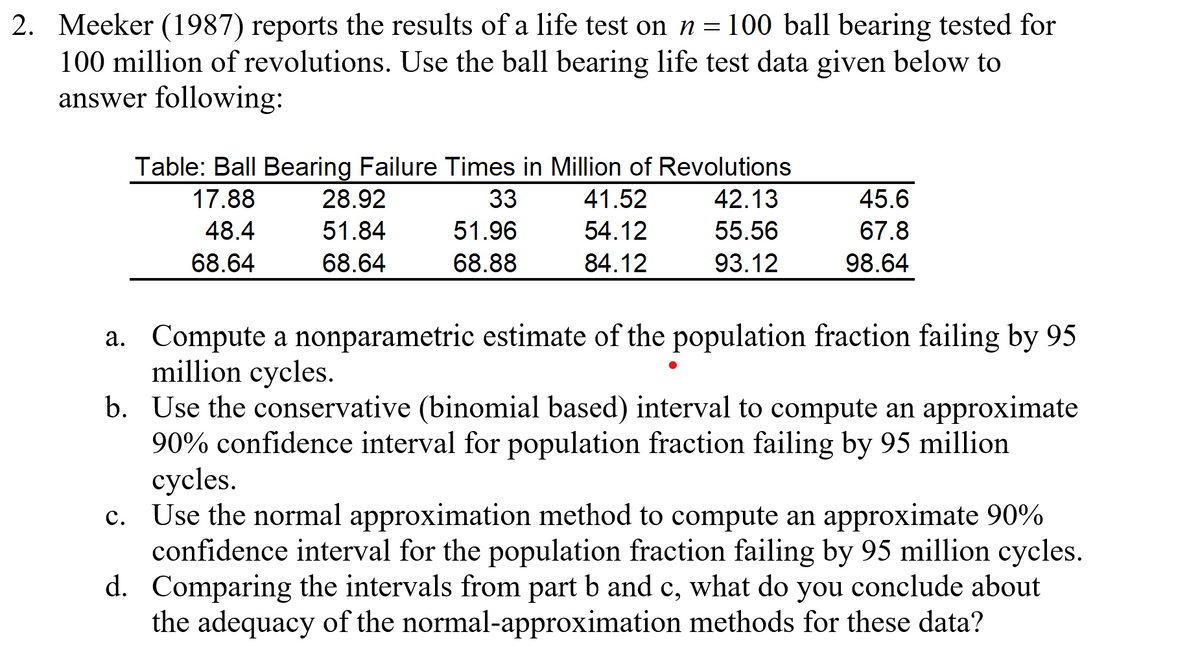 2. Meeker (1987) reports the results of a life test on n = 100 ball bearing tested for
100 million of revolutions. Use the ball bearing life test data given below to
answer following:
Table: Ball Bearing Failure Times in Million of Revolutions
17.88
28.92
33
41.52
42.13
45.6
48.4
51.84
51.96
54.12
55.56
67.8
68.64
68.64
68.88
84.12
93.12
98.64
a. Compute a nonparametric estimate of the population fraction failing by 95
million cycles.
b. Use the conservative (binomial based) interval to compute an approximate
90% confidence interval for population fraction failing by 95 million
cycles.
Use the normal approximation method to compute an approximate 90%
confidence interval for the population fraction failing by 95 million cycles.
d. Comparing the intervals from part b and c, what do you conclude about
the adequacy of the normal-approximation methods for these data?
c.
