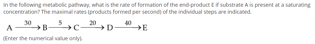 In the following metabolic pathway, what is the rate of formation of the end-product E if substrate A is present at a saturating
concentration? The maximal rates (products formed per second) of the individual steps are indicated.
A
30
→B
→C
20
→D
40
→E
(Enter the numerical value only).
