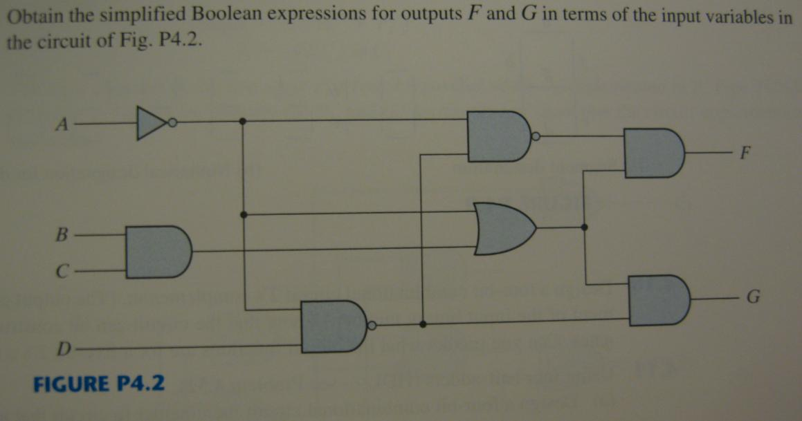 Obtain the simplified Boolean expressions for outputs F and G in terms of the input variables in
the circuit of Fig. P4.2.
B
D
D
FIGURE P4.2
F