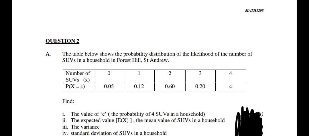МАТH1208
QUESTION 2
А.
The table below shows the probability distribution of the likelihood of the number of
SUVS in a household in Forest Hill, St Andrew.
Number of
2
3
SUVS (x)
P(X = x)
0.05
0.12
0.60
0.20
Find:
i. The value of 'c' ( the probability of 4 SUVS in a household)
ii. The expected value [E(X) ], the mean value of SUVS in a household
iii. The variance
iv. standard deviation of SUVS in a household
