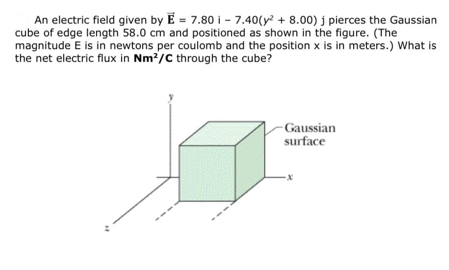 An electric field given by E = 7.80 i - 7.40(y² + 8.00) j pierces the Gaussian
cube of edge length 58.0 cm and positioned as shown in the figure. (The
magnitude E is in newtons per coulomb and the position x is in meters.) What is
the net electric flux in Nm²/C through the cube?
Gaussian
surface
