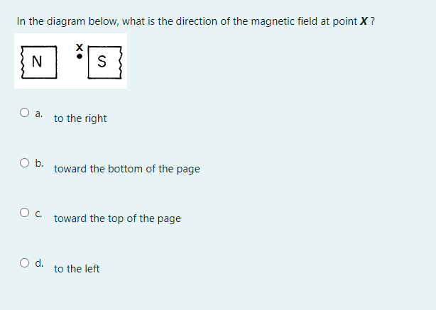 In the diagram below, what is the direction of the magnetic field at point X?
N
а.
to the right
Ob.
toward the bottom of the page
toward the top of the page
to the left
