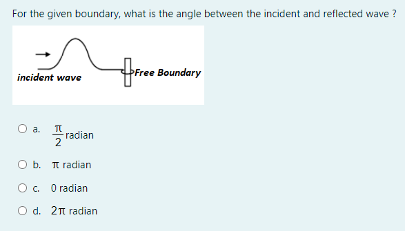 For the given boundary, what is the angle between the incident and reflected wave ?
Free Boundary
incident wave
а.
풍radian
2
O b.
Tt radian
O c. O radian
O d. 21 radian
