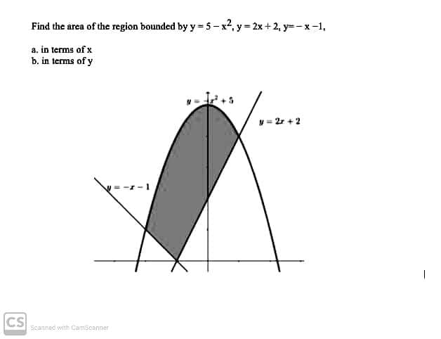 Find the area of the region bounded by y= 5-x2, y 2x + 2, y=-x-1,
a. in terms of x
b. in terms of y
y = 2r +2
CS
Scanned with CamScanner
