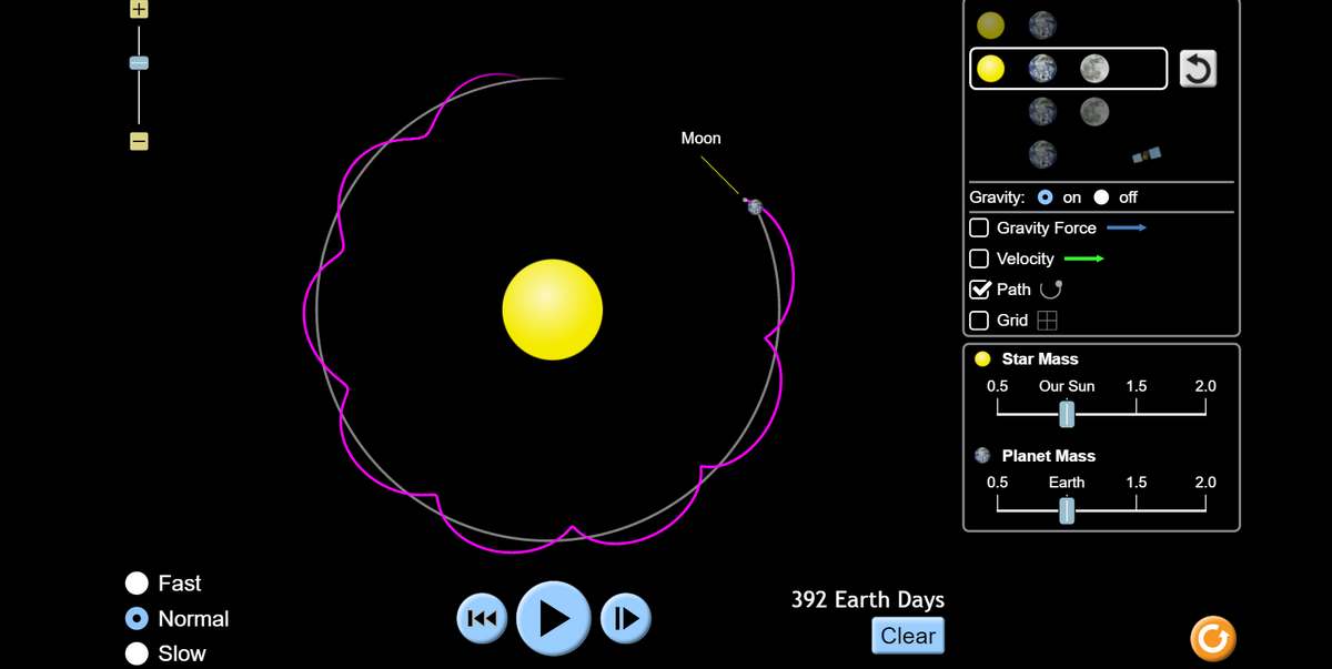 Мon
Gravity:
on
off
O Gravity Force
Velocity
>
Path U
Grid
Star Mass
0.5
Our Sun
1.5
2.0
Planet Mass
0.5
Earth
1.5
2.0
Fast
392 Earth Days
Normal
Clear
Slow
