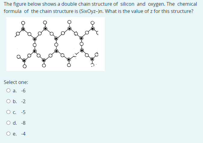 The figure below shows a double chain structure of silicon and oxygen. The chemical
formula of the chain structure is (SixOyz-)n. What is the value of z for this structure?
Select one:
О а. -6
Оb. -2
Ос. -5
O d. -8
Ое. -4
