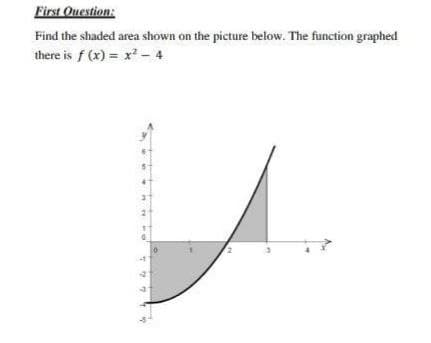 First Ouestion:
Find the shaded area shown on the picture below. The function graphed
there is f (x) = x - 4
