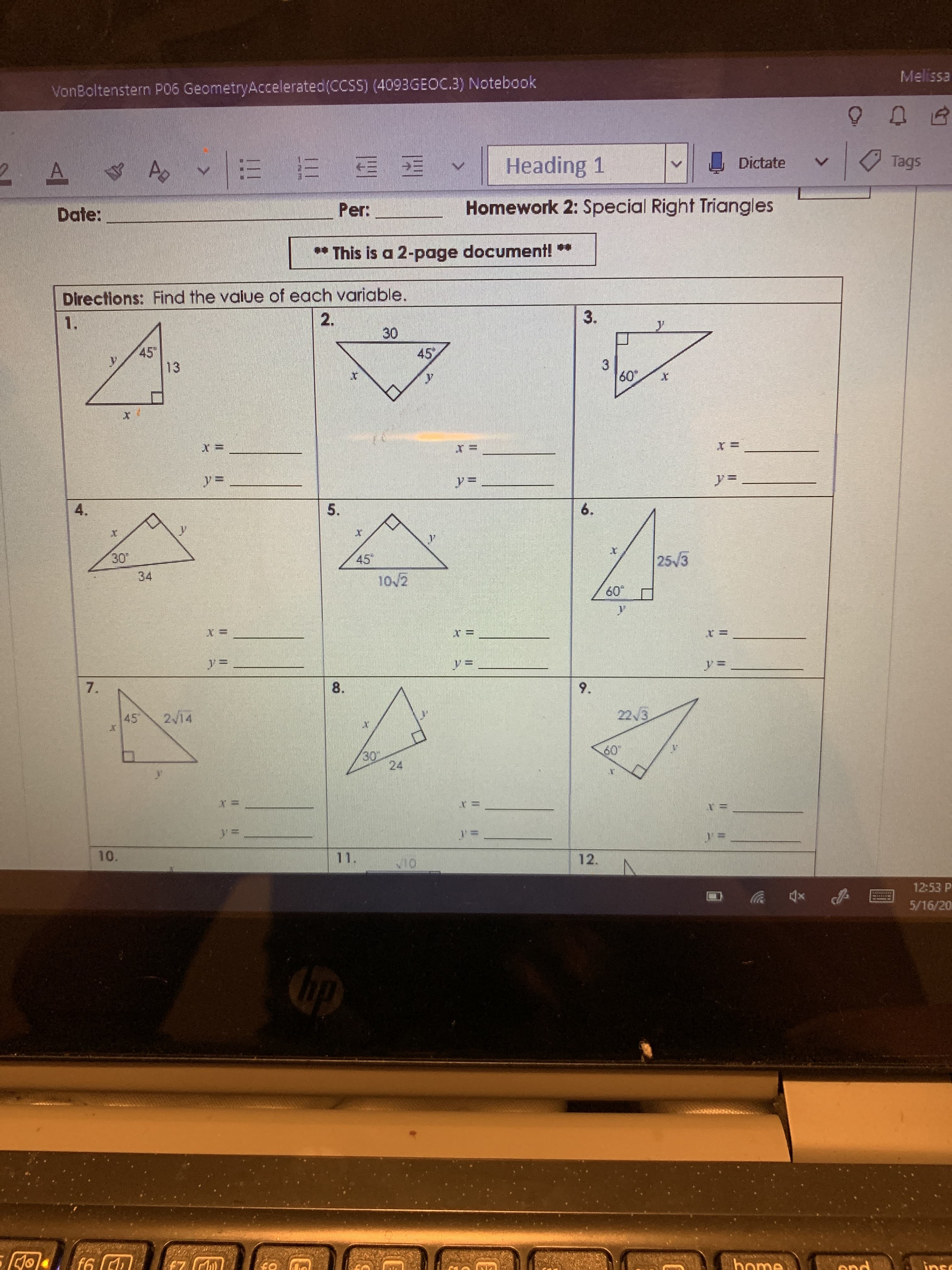 Directions: Find the value of each vo
2.
1.
45
y.
13
