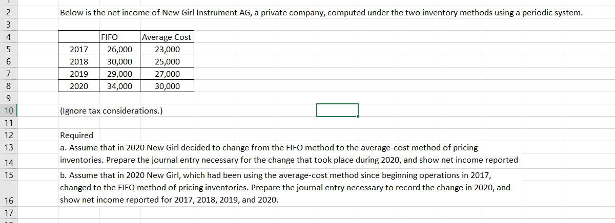 2
Below is the net income of New Girl Instrument AG, a private company, computed under the two inventory methods using a periodic system.
3
4
FIFO
Average Cost
5
2017
26,000
23,000
2018
30,000
25,000
7
2019
29,000
27,000
8
2020
34,000
30,000
9
10
(Ignore tax considerations.)
11
12
Required
13
a. Assume that in 2020 New Girl decided to change from the FIFO method to the average-cost method of pricing
14
inventories. Prepare the journal entry necessary for the change that took place during 2020, and show net income reported
15
b. Assume that in 2020 New Girl, which had been using the average-cost method since beginning operations in 2017,
changed to the FIFO method of pricing inventories. Prepare the journal entry necessary to record the change in 2020, and
16
show net income reported for 2017, 2018, 2019, and 2020.
17
