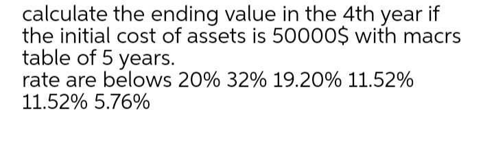 calculate the ending value in the 4th year if
the initial cost of assets is 50000$ with macrs
table of 5 years.
rate are belows 20% 32% 19.20% 11.52%
11.52% 5.76%
