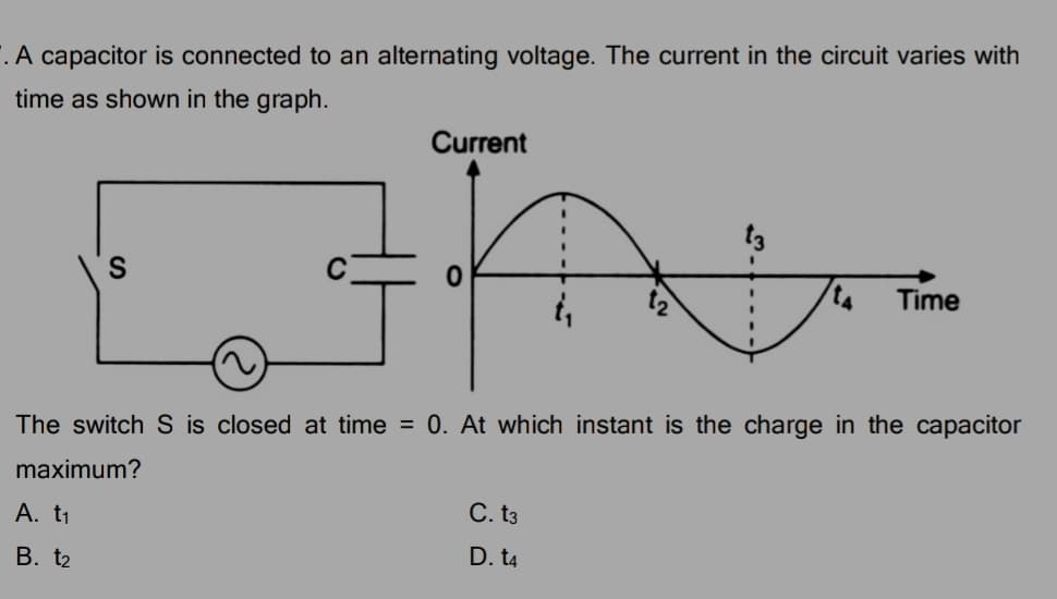 . A capacitor is connected to an alternating voltage. The current in the circuit varies with
time as shown in the graph.
Current
Time
The switch S is closed at time = 0. At which instant is the charge in the capacitor
maximum?
A. t1
C. t3
B. t2
D. t4

