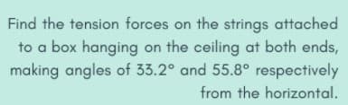 Find the tension forces on the strings attached
to a box hanging on the ceiling at both ends,
making angles of 33.2° and 55.8° respectively
from the horizontal.

