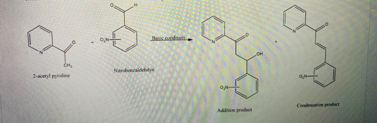 Q
CH₂
2-acetyl pyridine
+
O₂N-
H
Basic condition
Nitrobenzaldehdye
O₂N
Addition product
OH
N
O₂N.
Condensation product