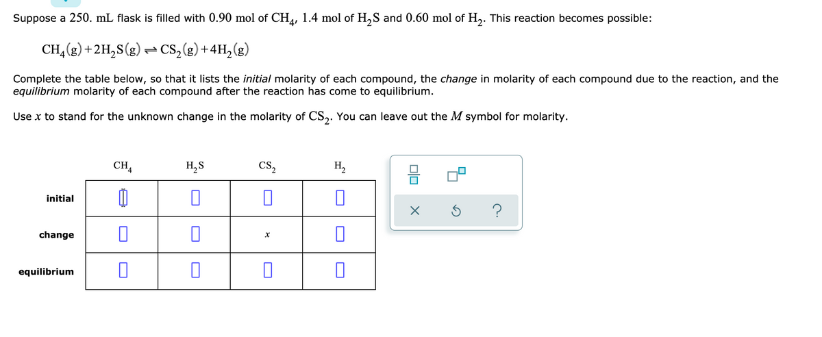 Suppose a 250. mL flask is filled with 0.90 mol of CH, 1.4 mol of H,S and 0.60 mol of H,. This reaction becomes possible:
CH,(g)+2H,S(g)-Cs,(g)+4H,(g)
Complete the table below, so that it lists the initial molarity of each compound, the change in molarity of each compound due to the reaction, and the
equilibrium molarity of each compound after the reaction has come to equilibrium.
Use x to stand for the unknown change in the molarity of CS,. You can leave out the M symbol for molarity.
CH,
H, S
CS,
H,
initial
change
equilibrium
