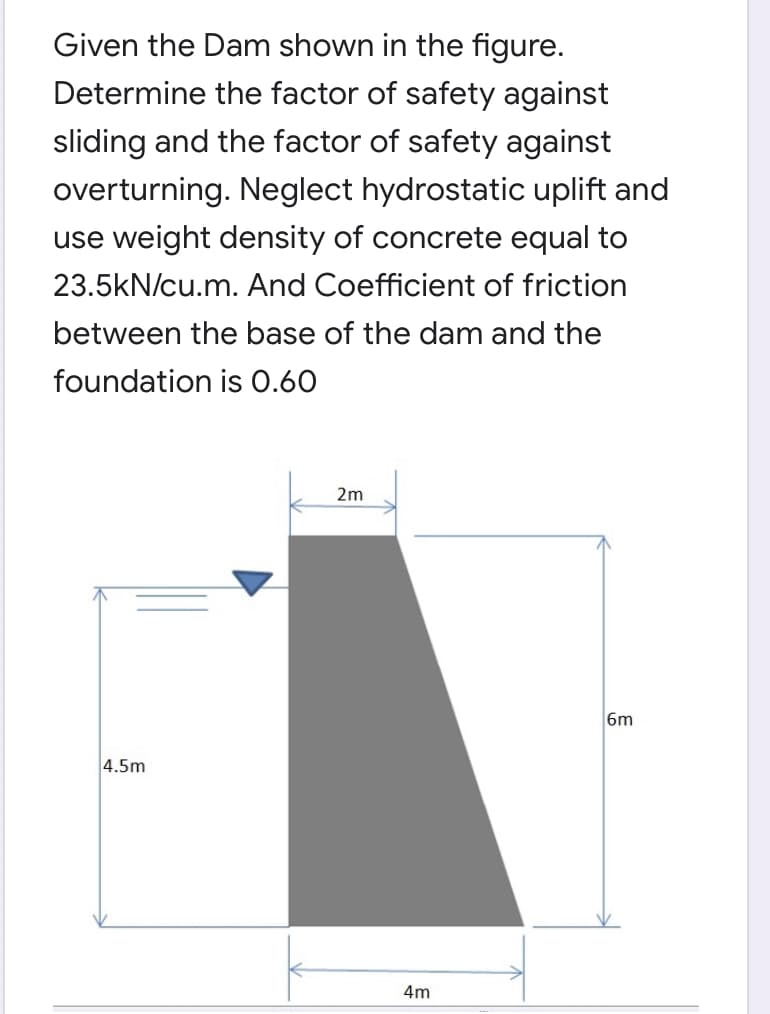 Given the Dam shown in the figure.
Determine the factor of safety against
sliding and the factor of safety against
overturning. Neglect hydrostatic uplift and
use weight density of concrete equal to
23.5kN/cu.m. And Coefficient of friction
between the base of the dam and the
foundation is 0.60
2m
6m
4.5m
4m
