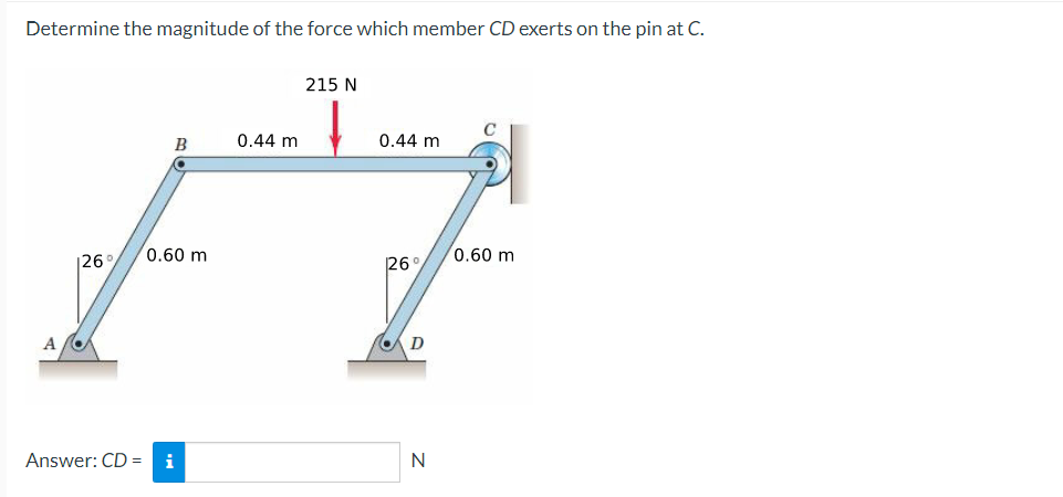 Determine the magnitude of the force which member CD exerts on the pin at C.
A
126°
B
0.60 m
Answer: CD = i
0.44 m
215 N
0.44 m
26°
D
N
C
0.60 m