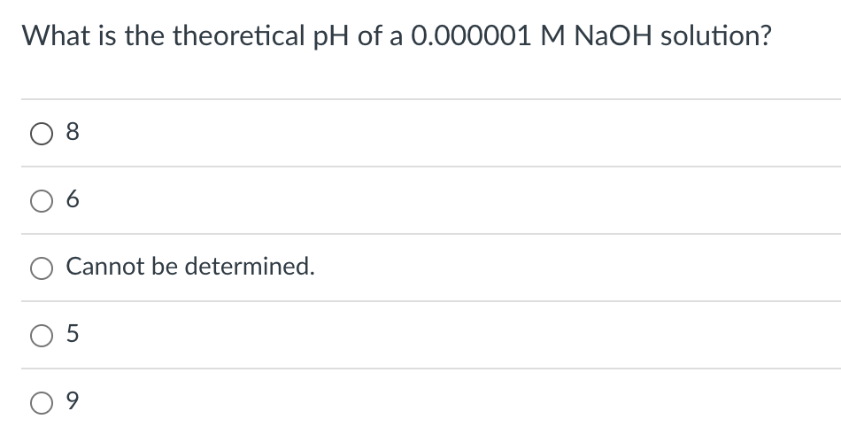 What is the theoretical pH of a 0.000001 M NaOH solution?
08
6
Cannot be determined.
O 5
09